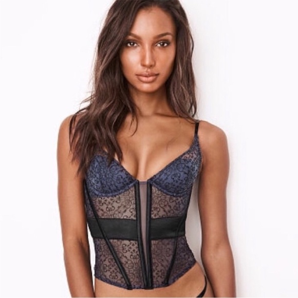 Victoria's Secret | Lace Embroidered CORSET BUSTIER LINGERIE Navy Black Size 36D - Picture 2 of 5